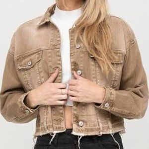 VERVET Oversized Distressed Tan Crop Denim Jacket